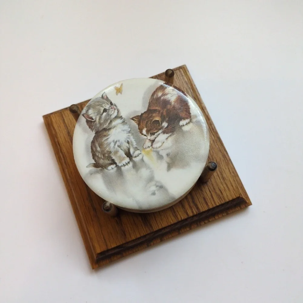 Vintage Kitty Cat Drink Coasters - Set of 4 with Oak Wood Holder‎ - USA Made
